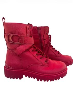 GUESS Red Lace-Up Combat Boots with G Buckle Strap